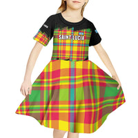 Saint Lucia Parrot Kid Short Sleeve Dress with Madras Pattern and Cultural Black Motif Design - Wonder Print Shop