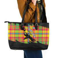 Saint Lucia Parrot Leather Tote Bag with Madras Pattern and Cultural Black Motif Design - Wonder Print Shop