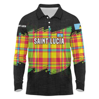Saint Lucia Parrot Long Sleeve Polo Shirt with Madras Pattern and Cultural Black Motif Design - Wonder Print Shop