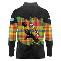 Saint Lucia Parrot Long Sleeve Polo Shirt with Madras Pattern and Cultural Black Motif Design - Wonder Print Shop