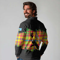 Saint Lucia Parrot Long Sleeve Polo Shirt with Madras Pattern and Cultural Black Motif Design - Wonder Print Shop