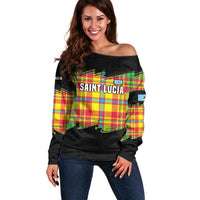 Saint Lucia Parrot Off Shoulder Sweater with Madras Pattern and Cultural Black Motif Design - Wonder Print Shop
