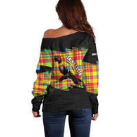 Saint Lucia Parrot Off Shoulder Sweater with Madras Pattern and Cultural Black Motif Design - Wonder Print Shop