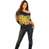 Saint Lucia Parrot Off Shoulder Sweater with Madras Pattern and Cultural Black Motif Design - Wonder Print Shop