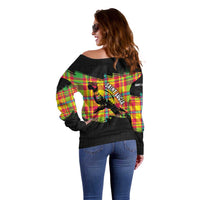 Saint Lucia Parrot Off Shoulder Sweater with Madras Pattern and Cultural Black Motif Design - Wonder Print Shop