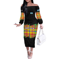Saint Lucia Parrot Off The Shoulder Long Sleeve Dress with Madras Pattern and Cultural Black Motif Design - Wonder Print Shop