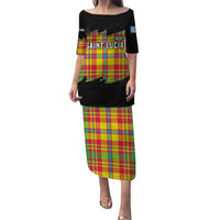 Saint Lucia Parrot Puletasi with Madras Pattern and Cultural Black Motif Design - Wonder Print Shop