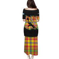 Saint Lucia Parrot Puletasi with Madras Pattern and Cultural Black Motif Design - Wonder Print Shop
