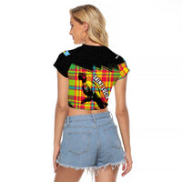Saint Lucia Parrot Raglan Cropped T Shirt with Madras Pattern and Cultural Black Motif Design - Wonder Print Shop