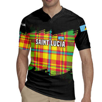 Saint Lucia Parrot Rugby Jersey with Madras Pattern and Cultural Black Motif Design - Wonder Print Shop