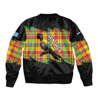 Saint Lucia Parrot Sleeve Zip Bomber Jacket with Madras Pattern and Cultural Black Motif Design - Wonder Print Shop