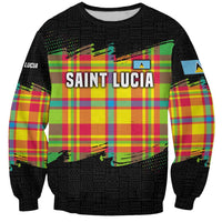 Saint Lucia Parrot Sweatshirt with Madras Pattern and Cultural Black Motif Design - Wonder Print Shop