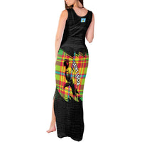 Saint Lucia Parrot Tank Maxi Dress with Madras Pattern and Cultural Black Motif Design - Wonder Print Shop