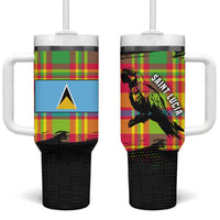 Saint Lucia Parrot Tumbler With Handle with Madras Pattern and Cultural Black Motif Design - Wonder Print Shop