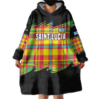 Saint Lucia Parrot Wearable Blanket Hoodie with Madras Pattern and Cultural Black Motif Design - Wonder Print Shop