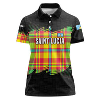 Saint Lucia Parrot Women Polo Shirt with Madras Pattern and Cultural Black Motif Design - Wonder Print Shop
