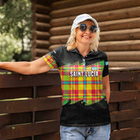Saint Lucia Parrot Women Polo Shirt with Madras Pattern and Cultural Black Motif Design - Wonder Print Shop