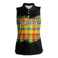 Saint Lucia Parrot Women Sleeveless Polo Shirt with Madras Pattern and Cultural Black Motif Design - Wonder Print Shop