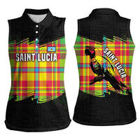 Saint Lucia Parrot Women Sleeveless Polo Shirt with Madras Pattern and Cultural Black Motif Design - Wonder Print Shop