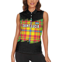 Saint Lucia Parrot Women Sleeveless Polo Shirt with Madras Pattern and Cultural Black Motif Design - Wonder Print Shop