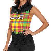 Saint Lucia Parrot Women Sleeveless Polo Shirt with Madras Pattern and Cultural Black Motif Design - Wonder Print Shop