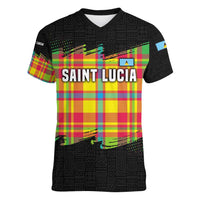 Saint Lucia Parrot Women V-Neck T-Shirt with Madras Pattern and Cultural Black Motif Design - Wonder Print Shop