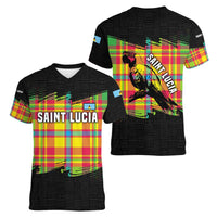 Saint Lucia Parrot Women V-Neck T-Shirt with Madras Pattern and Cultural Black Motif Design - Wonder Print Shop