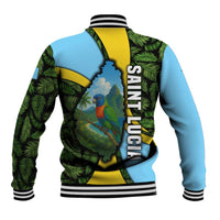 Saint Lucia Parrot Baseball Jacket with Tropical Palm Leaf and Flag Color Wave Design - Wonder Print Shop