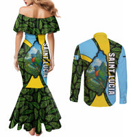 Saint Lucia Parrot Couples Matching Mermaid Dress and Long Sleeve Button Shirt with Tropical Palm Leaf and Flag Color Wave Design - Wonder Print Shop