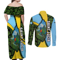 Saint Lucia Parrot Couples Matching Off Shoulder Maxi Dress and Long Sleeve Button Shirt with Tropical Palm Leaf and Flag Color Wave Design - Wonder Print Shop