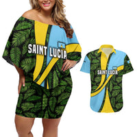 Saint Lucia Parrot Couples Matching Off Shoulder Short Dress and Hawaiian Shirt with Tropical Palm Leaf and Flag Color Wave Design - Wonder Print Shop