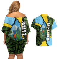 Saint Lucia Parrot Couples Matching Off Shoulder Short Dress and Hawaiian Shirt with Tropical Palm Leaf and Flag Color Wave Design - Wonder Print Shop
