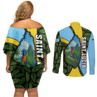 Saint Lucia Parrot Couples Matching Off Shoulder Short Dress and Long Sleeve Button Shirt with Tropical Palm Leaf and Flag Color Wave Design - Wonder Print Shop