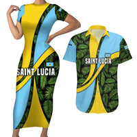 Saint Lucia Parrot Couples Matching Short Sleeve Bodycon Dress and Hawaiian Shirt with Tropical Palm Leaf and Flag Color Wave Design - Wonder Print Shop