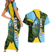 Saint Lucia Parrot Couples Matching Short Sleeve Bodycon Dress and Hawaiian Shirt with Tropical Palm Leaf and Flag Color Wave Design - Wonder Print Shop