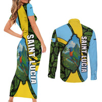 Saint Lucia Parrot Couples Matching Short Sleeve Bodycon Dress and Long Sleeve Button Shirt with Tropical Palm Leaf and Flag Color Wave Design - Wonder Print Shop