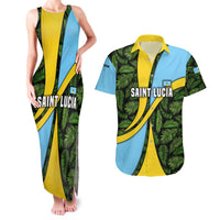 Saint Lucia Parrot Couples Matching Tank Maxi Dress and Hawaiian Shirt with Tropical Palm Leaf and Flag Color Wave Design - Wonder Print Shop