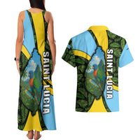 Saint Lucia Parrot Couples Matching Tank Maxi Dress and Hawaiian Shirt with Tropical Palm Leaf and Flag Color Wave Design - Wonder Print Shop