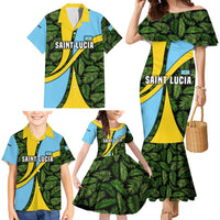 Saint Lucia Parrot Family Matching Mermaid Dress and Hawaiian Shirt with Tropical Palm Leaf and Flag Color Wave Design - Wonder Print Shop