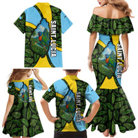 Saint Lucia Parrot Family Matching Mermaid Dress and Hawaiian Shirt with Tropical Palm Leaf and Flag Color Wave Design - Wonder Print Shop