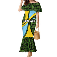 Saint Lucia Parrot Family Matching Mermaid Dress and Hawaiian Shirt with Tropical Palm Leaf and Flag Color Wave Design - Wonder Print Shop