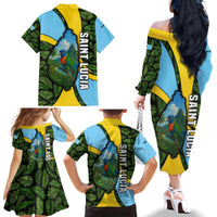Saint Lucia Parrot Family Matching Off The Shoulder Long Sleeve Dress and Hawaiian Shirt with Tropical Palm Leaf and Flag Color Wave Design - Wonder Print Shop