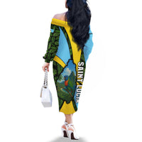 Saint Lucia Parrot Family Matching Off The Shoulder Long Sleeve Dress and Hawaiian Shirt with Tropical Palm Leaf and Flag Color Wave Design - Wonder Print Shop