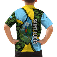 Saint Lucia Parrot Family Matching Off Shoulder Maxi Dress and Hawaiian Shirt with Tropical Palm Leaf and Flag Color Wave Design - Wonder Print Shop