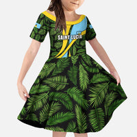 Saint Lucia Parrot Family Matching Off Shoulder Maxi Dress and Hawaiian Shirt with Tropical Palm Leaf and Flag Color Wave Design - Wonder Print Shop