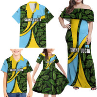 Saint Lucia Parrot Family Matching Off Shoulder Maxi Dress and Hawaiian Shirt with Tropical Palm Leaf and Flag Color Wave Design - Wonder Print Shop