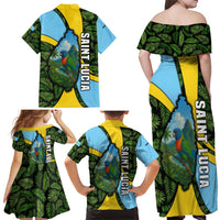 Saint Lucia Parrot Family Matching Off Shoulder Maxi Dress and Hawaiian Shirt with Tropical Palm Leaf and Flag Color Wave Design - Wonder Print Shop