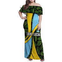 Saint Lucia Parrot Family Matching Off Shoulder Maxi Dress and Hawaiian Shirt with Tropical Palm Leaf and Flag Color Wave Design - Wonder Print Shop
