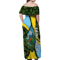 Saint Lucia Parrot Family Matching Off Shoulder Maxi Dress and Hawaiian Shirt with Tropical Palm Leaf and Flag Color Wave Design - Wonder Print Shop