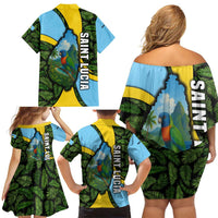Saint Lucia Parrot Family Matching Off Shoulder Short Dress and Hawaiian Shirt with Tropical Palm Leaf and Flag Color Wave Design - Wonder Print Shop